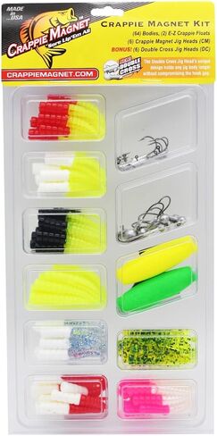 Crappie Magnet 78-Piece Kit - 64 Bodies, 2 E - Z Floats, 6 Crappie Magnet Jig Heads, 8 Double Cross Jig Heads, Freshwater Fishing Kit in Kuwait