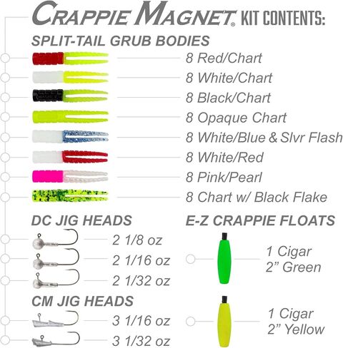 Crappie Magnet 78-Piece Kit - 64 Bodies, 2 E - Z Floats, 6 Crappie Magnet Jig Heads, 8 Double Cross Jig Heads, Freshwater Fishing Kit in Kuwait