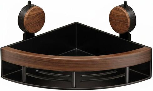 Shelf Corner Organizer Shower Wall Rack Storage with Walnut and Aluminum Suction Cup No Drill Drainage Suitable for renters Home Dorm , Walnut Black W-Hook in Kuwait