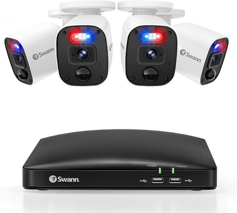 Swann 4 قنوات 4 كاميرات نظام أمان عالي الدقة 1080 بكسل، نظام أمان بطاقة SD سعة 64 جيجابايت DVR مع ميكروفون، كاميرات مراقبة سلكية رصاصة، رؤية ليلية ملونة، كشف الحرارة والحركة|SWDVK-446854MQB in Kuwait