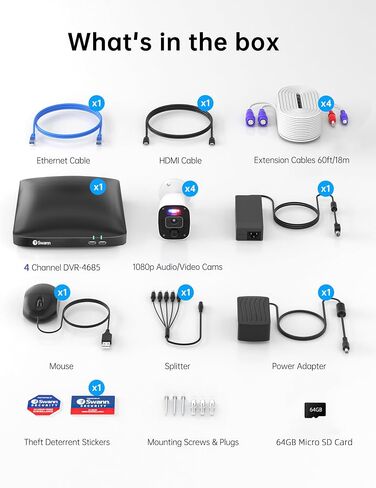 Swann 4 قنوات 4 كاميرات نظام أمان عالي الدقة 1080 بكسل، نظام أمان بطاقة SD سعة 64 جيجابايت DVR مع ميكروفون، كاميرات مراقبة سلكية رصاصة، رؤية ليلية ملونة، كشف الحرارة والحركة|SWDVK-446854MQB in Kuwait