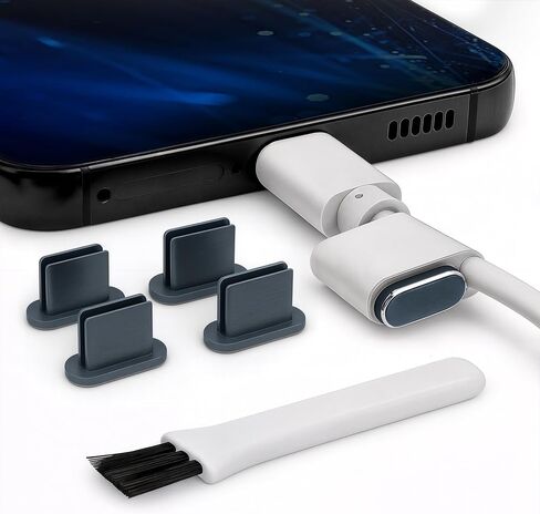 USB C Aluminum Dust Plugs 5 Pack with Cleaning Brush and Cord Clips, Black in Saudi Arabia