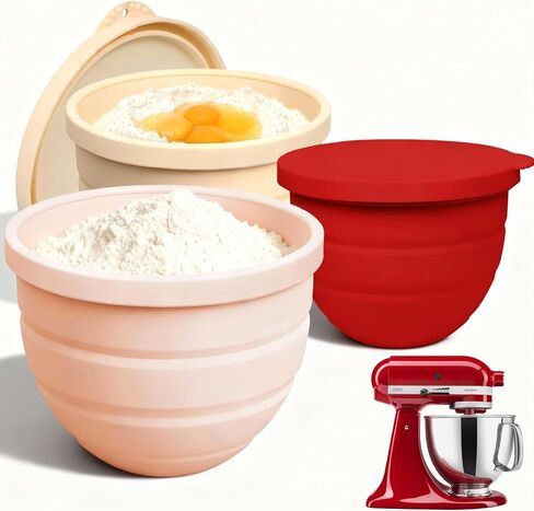 Silicone Bowl Insert for Kitchen Aid 5 Qt Tilt-Head - Patented Design Bowl Liner, 3pack with Lids, Resistant to collapse Thicker Bowl Insert, Foldable, Heat/Cold Resistant (Beige/Beige/Pink/) in Kuwait