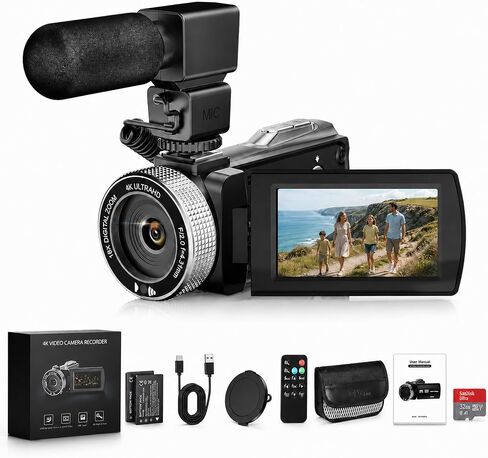 Video Camera Camcorder 4K 48MP with IR Night Vision, 3.0" Flip Touchscreen Vlogging Camera for YouTube, 18X Digital Zoom, 2 Batteries & External Mic, 64GB Card & Remote Control in Kuwait