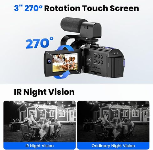 5K Video Camera Camcorder with WiFi, 56MP UHD Vlogging Camera for YouTube 16X Digital Zoom 3.0 IPS 270° Rotation Touchscreen Video Recorder with Remote Control, IR Night Vision, 64GB Card, 2 Batteries in Kuwait