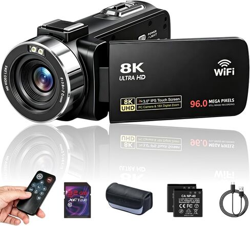 8K Video Camera Camcorder 96MP UHD Vlogging Camera for YouTube 18X Digital Zoom 3.0 IPS 270° Rotation Touch Screen Video Recorder with Remote Control, LED Fill Light, 32GB Card, 2 Batteries in Saudi Arabia