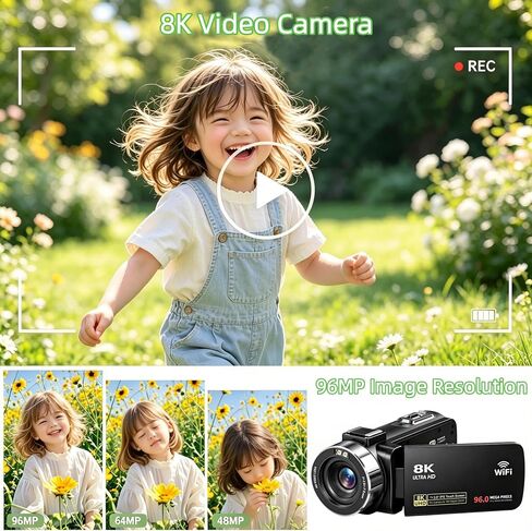 8K Video Camera Camcorder 96MP UHD Vlogging Camera for YouTube 18X Digital Zoom 3.0 IPS 270° Rotation Touch Screen Video Recorder with Remote Control, LED Fill Light, 32GB Card, 2 Batteries in Saudi Arabia