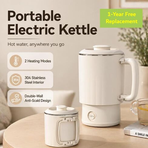 Small Electric Kettle, 0.6L Foldable Travel Kettle, Stainless Steel Inner Dual Heating Modes, Compact Hot Water Kettle for Travel, Camping, Office in Saudi Arabia