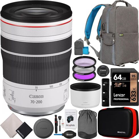 Canon RF 70-200mm F4 L عبارة عن عدسة USM لكاميرات RF ذات الإطار الكامل بدون مرآة، حزمة تكبير تليفوتوغرافي 4318C002 مع حقيبة ظهر للتصوير الفوتوغرافي ديكو جير + مجموعة مرشح + بطاقة 64 جيجابايت + ملحقات صور فيديو in Kuwait