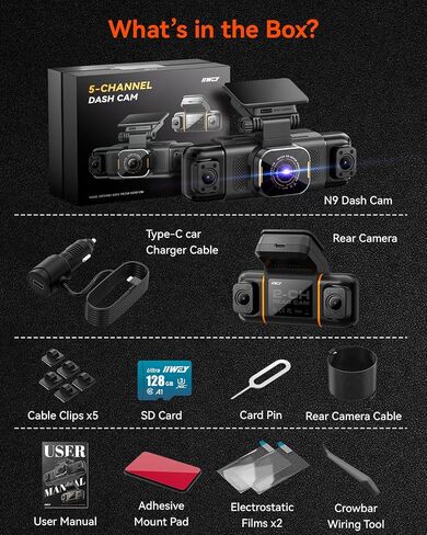 IIWEY N9 360° 5 Channel Dash Cam, Free 128GB Card, 12 IR LEDs Night Vision in Kuwait