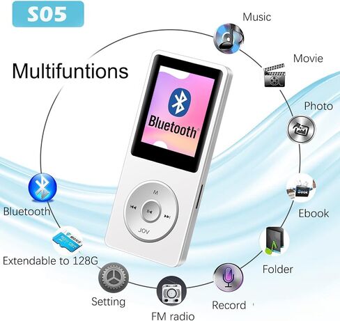 Bluetooth MP3 Player with 32GB TF Card, Portable Music Player with Built-in HD Speaker, Video Function, FM Radio, Voice Recorder, HiFi Sound, E-Book Function, Earphones Included in Kuwait