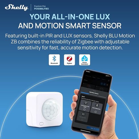 Shelly BLU Motion ZB، بلوتوث ذكي ومستشعر Zigbee للحركة والضوء، متوافق مع Alexa، Home Assistant، Google، SmartThings، كشف الحركة PIR، وضع Beacon، تشفير AES in Kuwait