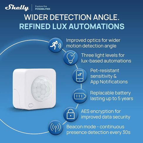 Shelly BLU Motion ZB، بلوتوث ذكي ومستشعر Zigbee للحركة والضوء، متوافق مع Alexa، Home Assistant، Google، SmartThings، كشف الحركة PIR، وضع Beacon، تشفير AES in Kuwait