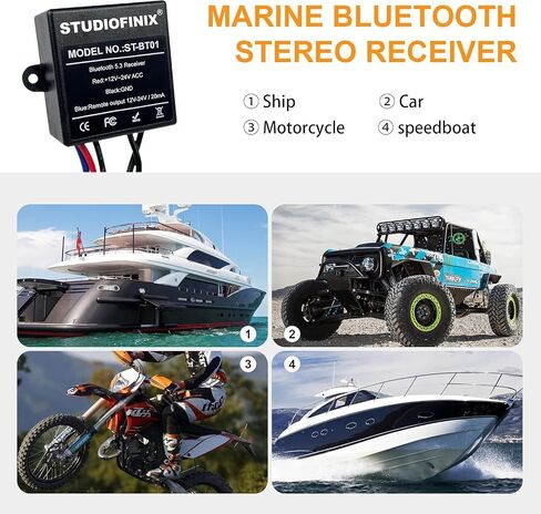STUDIOFINIX Marine Bluetooth Receiver - IP67 Waterproof BT 5.3 Remote Wireless Connectivity, Stero Male RCA Output for Vehicle of Boat,UTV,ATV, Golf Carts,Motorcycles, Speakers in Kuwait