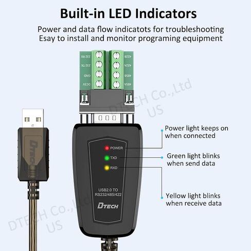 DTECH USB to Serial Adapter RS485 RS422 R232 (3 in 1 Interface) Supports DC 5V with Breakout Board LED Lights for Multi-Kind Control Devices Windows 11 10 8 7 XP Mac (5ft) in Saudi Arabia