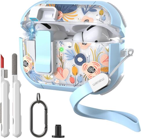 WENEW for AirPods Pro 3 Case (2025) Cover Secure Lock Automatic Snap Switch Clip Cleaner Kit Lanyard Women Stylish Flower Hard Shell Full Body Front LED Visible (Blue, AirPods Pro 3) in Kuwait