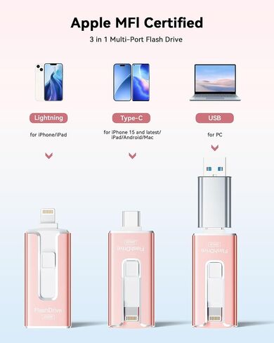 MFi Certified 3 in 1 Type-C USB Memory Stick Thumb Drive for Photos Videos Storage (Pink) in Kuwait