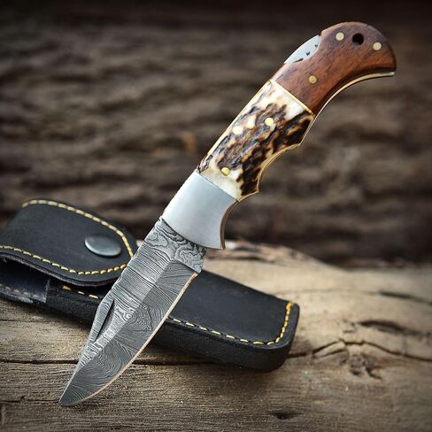 Poshland Limited Edition - FNA-32 Custom Handmade Damascus Steel Folding Knife - Beautiful Camel Bone Handle with Damascus Steel Bolsters (Colored Bone) in Saudi Arabia