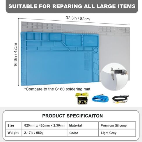 Extra Large Soldering Mat with Wristband & Grounding Accessories, 32.3’’x16.6’’ Large Silicone Solder Mat, 932℉ Heat Resistant Mat, Large Repair Workbench Pad for Electronics Repair (Light Grey) in Kuwait