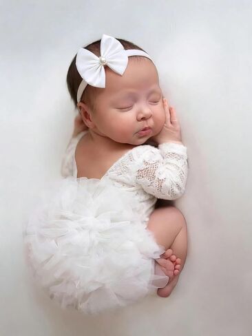 Newborn Girl Photoshoot Outfits Lace Baby Photography Outfits Girl Photo Props for Newborn Elastic Romper with Headband Baby Photoshoot Props Outfits（Pink） in Saudi Arabia