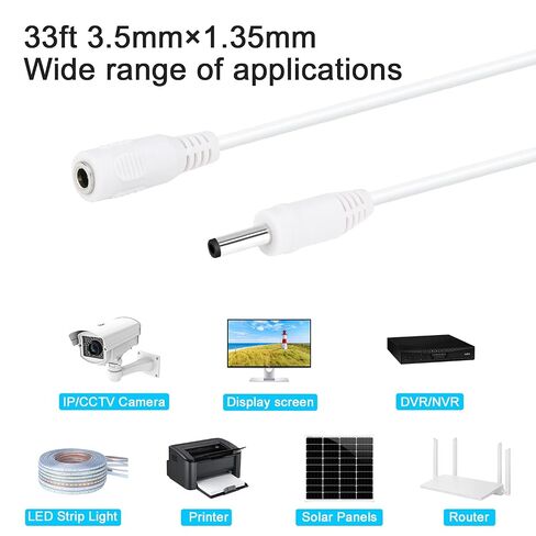 DC Power Extension Cable 33ft 1.35mm x 3.5mm Compatible with 5V DC Adapter Cord for CCTV Security Camera IP Camera Standalone DVR (33ft DC3.5mm Plug White) in Kuwait