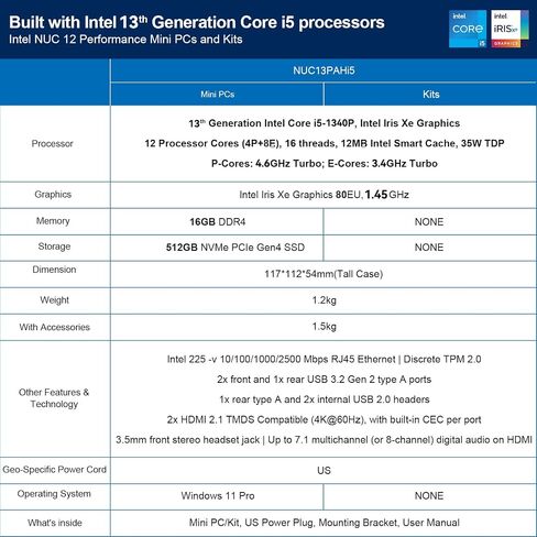 Intel NUC 13 Pro، ASUS NUC 13 Pro Mini PC، معالج i5-1340P، ذاكرة وصول عشوائي DDR4 سعة 16 جيجابايت، محرك أقراص SSD سعة 512 جيجابايت in Kuwait