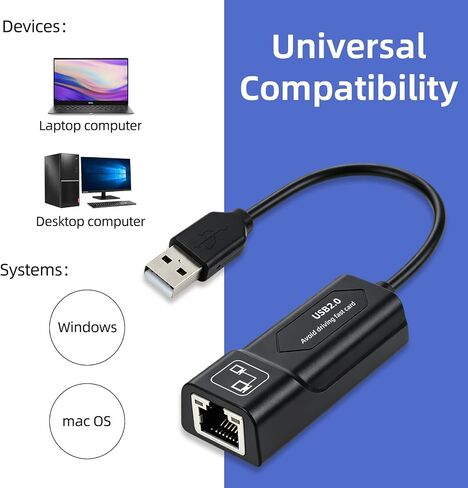 Ethernet to USB,USB to Ethernet Adapter,100Mbps to USB 2.0，Network Adapter for Laptop Computer,Desktop Computer,MacBook Pro,Compatible with Windows, macOS, and Linux in Kuwait