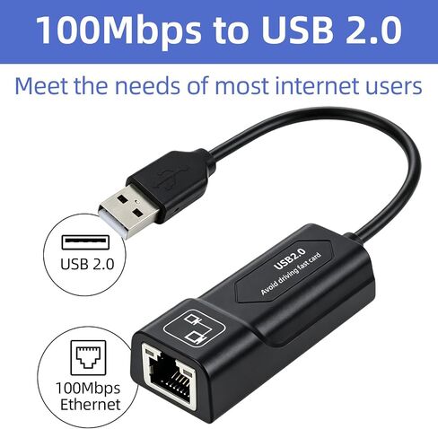 Ethernet to USB,USB to Ethernet Adapter,100Mbps to USB 2.0，Network Adapter for Laptop Computer,Desktop Computer,MacBook Pro,Compatible with Windows, macOS, and Linux in Kuwait