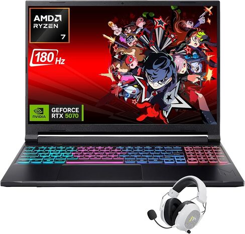 Acer Nitro V16 Gaming Laptop, 16" WQXGA LED 180Hz (100% sRGB), AMD Ryzen 7 260, 32GB DDR5 RAM 1TB Gen4 SSD, GeForce RTX 5070 DLSS4, Backlit Keyboard, RJ 45, SD Card Slot, Win 11 with Accessory in Saudi Arabia