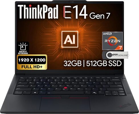 Lenovo ThinkPad E14 Gen 7 14" FHD+ Display, AMD Ryzen 7 250 (Beats Core 7 240H), 16GB DDR5 RAM, 512GB SSD PCIe, Backlit KB, WiFi 6E + BT, RJ-45, FHD Webcam, Windows 11 Pro, AI Business Laptop - Black in Saudi Arabia