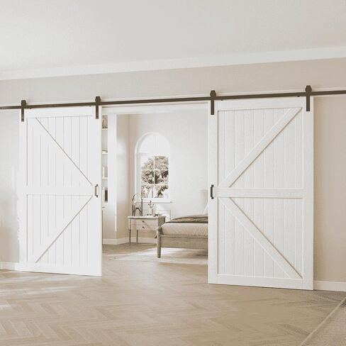 Fredbeck 96X84(Double 48x84) White Wood Barn Doors with Hardware in Saudi Arabia