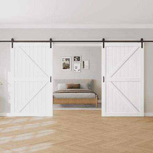Fredbeck 96X84(Double 48x84) White Wood Barn Doors with Hardware in Saudi Arabia