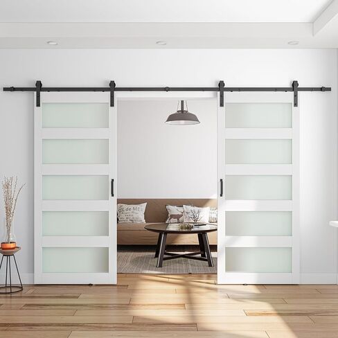 64" x 84" (Double 32" x 84" Doors) Barn Door with 5-Panel Frosted Glass in Kuwait