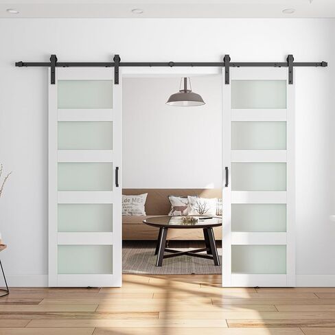 56" x 84" (Double 28" x 84" Doors) Barn Door with 5-Panel Frosted Glass in Saudi Arabia