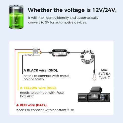 مجموعة أسلاك AZDOME 3-Lead Acc، منفذ USB من النوع C، 12 قدم in Kuwait