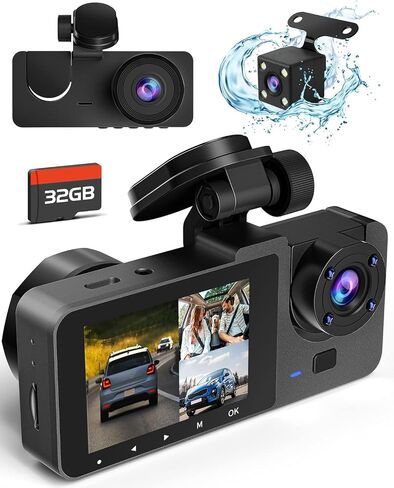 Dash Cam Front and Rear, 4K Dash Camera for Cars, Triple Car Camera with IR Night Vision,170° Wide Angle,WDR, HDR, 24H Parking& Loop Recording,G-Sensor,32GB Card Included in Saudi Arabia