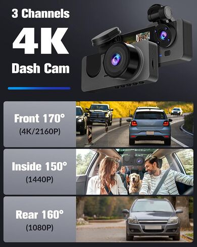 Dash Cam Front and Rear, 4K Dash Camera for Cars, Triple Car Camera with IR Night Vision,170° Wide Angle,WDR, HDR, 24H Parking& Loop Recording,G-Sensor,32GB Card Included in Saudi Arabia