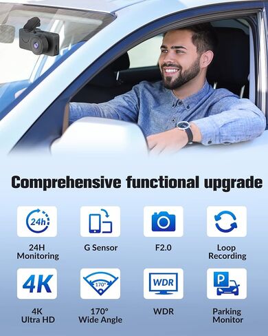 Dash Cam Front and Rear, 4K Dash Camera for Cars, Triple Car Camera with IR Night Vision,170° Wide Angle,WDR, HDR, 24H Parking& Loop Recording,G-Sensor,32GB Card Included in Saudi Arabia
