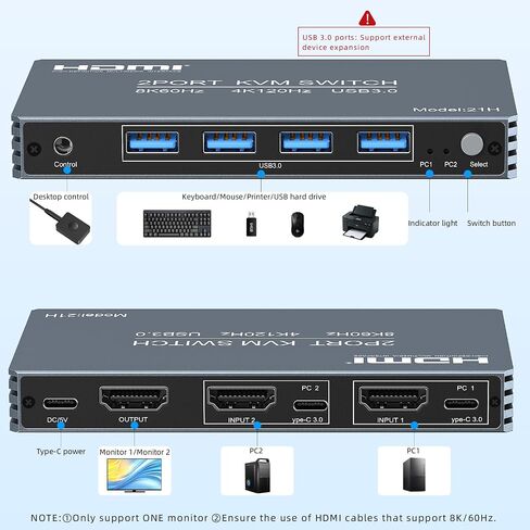 4K@120Hz HDMI Kvm Switch 1 Monitors 2 Computers 8K@60Hz Monitor KVM Switches, 4 USB3.0 Ports for 2 PC Share Mouse Keyboard Support PoC EDID Button Switch Plug and Play Zero Latency in Saudi Arabia