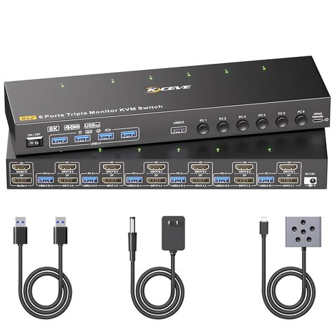KVM Switch 3 Monitors 6 Computers HDMI + DisplayPort, KCEVE DP Triple Monitor 6 Computer Switcher, 8K@30Hz/4k@144Hz for 6 PC Share 4 Display and USB 3.0 Devices in Saudi Arabia