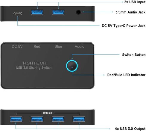 RSHTECH USB 3.0 Switch Selector with 4 USB-3.0 Ports, 3.5mm Audio Jack in Saudi Arabia