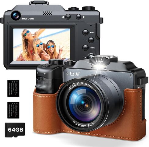4K Digital Camera for Photography, Autofocus 64MP for Vlogging 3" Screen Dual Lens Selfie Camera 18X Digital Zoom 64GB SD Card, 2 Batteries for Beginner in Kuwait