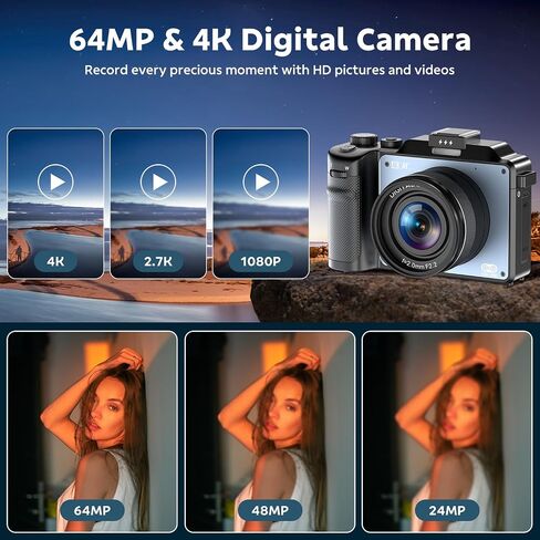 4K Digital Camera for Photography, Autofocus 64MP for Vlogging 3" Screen Dual Lens Selfie Camera 18X Digital Zoom 64GB SD Card, 2 Batteries for Beginner in Kuwait