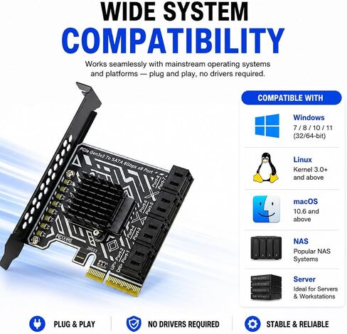 بطاقة توسيع RIITOP PCIe SATA [8 منافذ]، محول PCIe x4 إلى SATA 3.0 بسرعة 6 جيجابت في الثانية in Kuwait