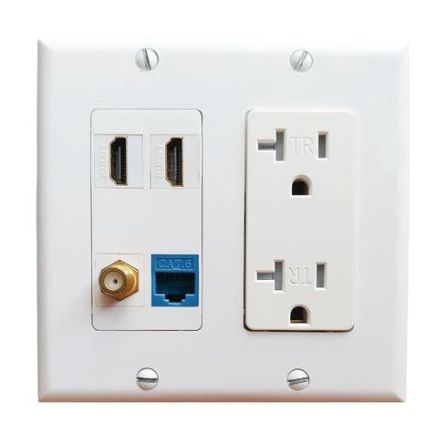 20Amp Power Outlet and Ethernet Coax HDMI Wall Plate - Electrical Outlet with 2 Port HDMI, 1 CAT6 Ethernet Port, 1 Coax Cable TV Cover Plate in Saudi Arabia
