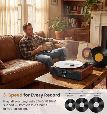 Classic Walnut Bluetooth Record Player, 3-Speed Turntable in Kuwait