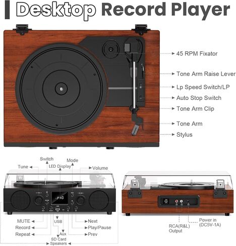 Classic Walnut Bluetooth Record Player, 3-Speed Turntable in Kuwait