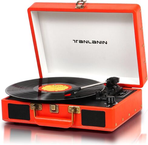 Portable Vinyl Record Player with Bluetooth and USB Recording, Vintage Suitcase Record Player with Built-in Stereo Speakers, 3-Speed Turntable, RCA/AUX/Headphone Jack, Orange in Saudi Arabia