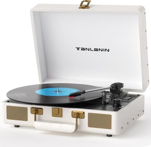 Vintage 3-Speed Bluetooth Portable USB Suitcase Record Player with Built-in Speakers | Upgraded Vinyl Turntable Audio Sound, USB SD Card Recording&Playback, Portable Suitcase Design, White Leather in Saudi Arabia