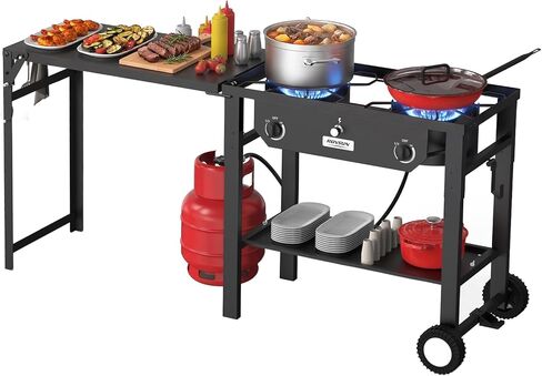 ROVSUN 2 Burner Outdoor Propane Gas Stove with Foldable Work Station, Auto-ignition & Regulator, 150,000 BTU Powerful Camping Burner with Portable Wheels for Backyard Patio Cooking Brewing Frying in Kuwait